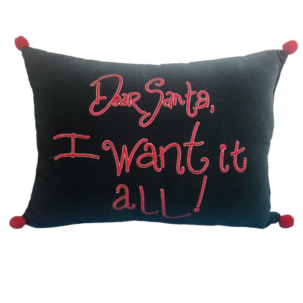Christmas "Santa I Want It All" Accent pillow Green Velvet Red Embroidered